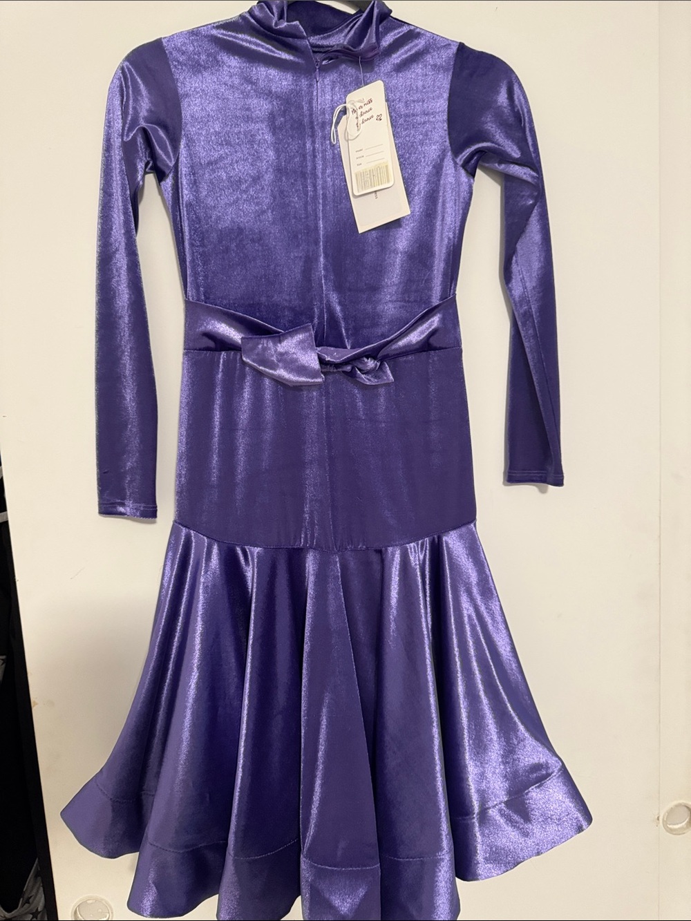 Preteen or junior Velvet Purple Long Sleeve Ballroom Dance Dress - Picture 2 of 5